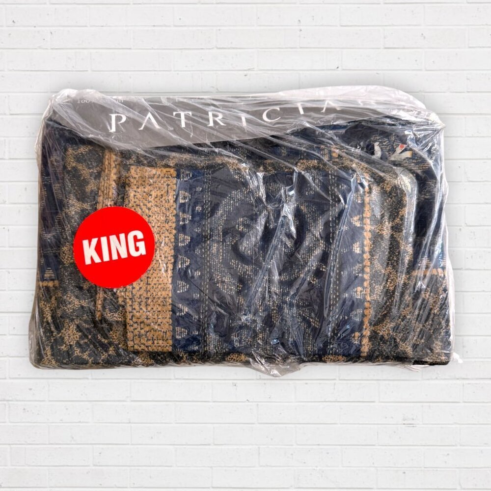 Vintage Patrician King Sheet Set 100% Cotton Navy Gold Jacquard Pattern NWT